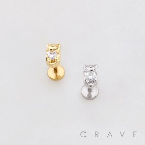 CAT HUGGING HEART CZ 3D TOP PUSHIN (THREADLESS) 316L SURGICAL STEEL LABRET SET